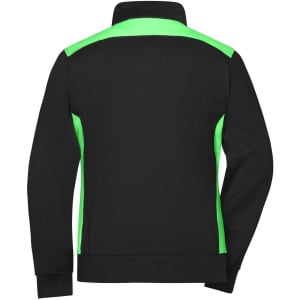 A black and neon green ladies' workwear sweat jacket with a high collar, featuring a logo on the back.