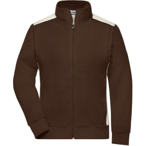 A brown ladies workwear sweat jacket featuring cream-coloured side panels and a zip-up front.