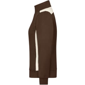 A brown and cream ladies workwear sweat jacket with a zip front and side pockets. It features a logo on the chest.