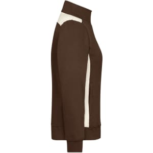 A brown and cream ladies workwear sweat jacket, featuring a zipped front and a high collar. It has a logo on it.