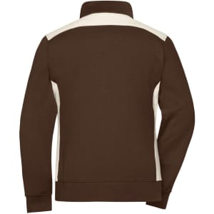 A brown and cream ladies workwear sweat jacket with a high collar and long sleeves. It features a logo.