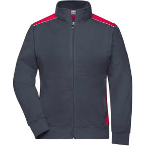 A dark navy sweat jacket with red accents and a zip-up front, featuring a collar and long sleeves. It includes a logo.