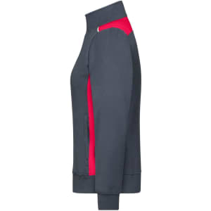A workwear sweat jacket featuring a grey body with red accents and a zippered pocket. It has a high collar and branded logo.