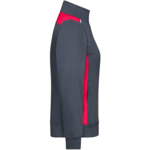 A ladies' workwear sweat jacket in grey with red accents, featuring a side view and pockets, complete with a logo.