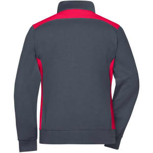 A grey and red ladies workwear sweat jacket featuring a high collar and a fitted design, with a logo on the back.