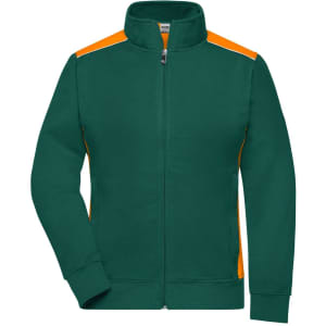 A green sweat jacket with orange accents, featuring a full zip and a collar, along with a logo on the chest.