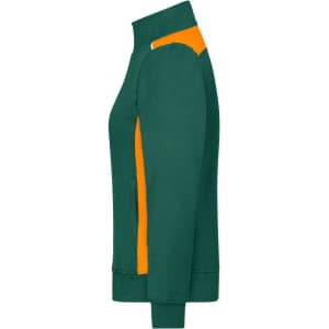 A green and orange ladies workwear sweat jacket featuring a zip front and pockets, with a fitted design.
