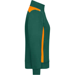 Ladies workwear sweat jacket in green with orange accents, featuring a collar and side pockets. Includes a logo.
