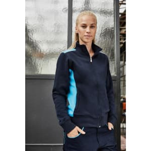 A navy blue workwear sweat jacket with light blue side panels, featuring a zip front and high collar.