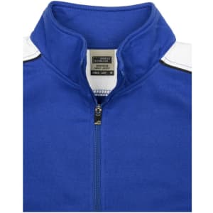 A blue ladies workwear sweat jacket featuring a stand-up collar and a zip closure. The design includes contrasting shoulder details.