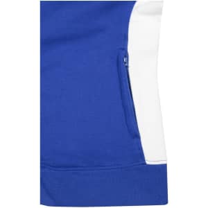 A blue and white sweat jacket featuring a zippered pocket and a logo on the sleeve.