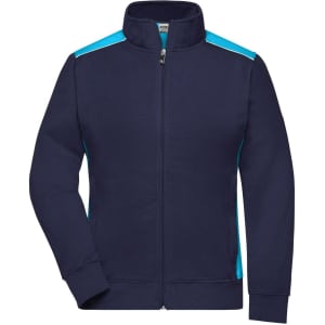 A navy work jacket with light blue accents, featuring a zip front and a high collar. It has a logo on the chest.