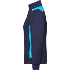 A navy blue and turquoise ladies workwear sweat jacket with a zipped front and pockets. It features a logo on the chest.