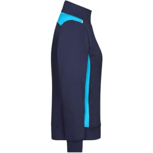 A navy blue workwear sweat jacket with turquoise accents and a high collar. Features side pockets and a logo.
