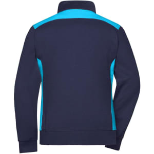 A dark navy sweat jacket with turquoise accents, featuring a collar and a logo on the back.