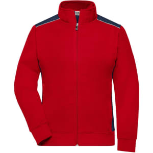 A red work jacket with a zip front and navy side panels, featuring a high collar and long sleeves.