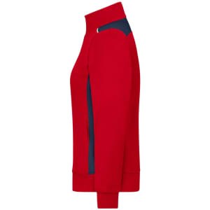 A red ladies workwear sweat jacket featuring navy blue panel details and a zippered front.