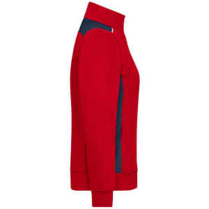A red and navy ladies workwear sweat jacket featuring a zip and a logo. The jacket has a stylish, fitted design.