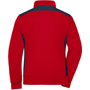 A red sweat jacket with navy accents, featuring a high collar and long sleeves. It has a logo on the back.