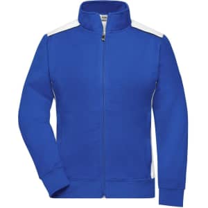 A blue sweat jacket with a zip front and white shoulder details, featuring a logo on one side.