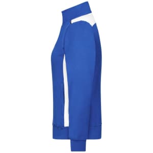 A blue ladies workwear sweat jacket with white side panels and a high collar, featuring a logo.
