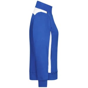 A blue ladies workwear sweat jacket with white accents, featuring a zip and a branding logo.
