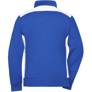 A women's workwear sweat jacket in blue with white accents on the sleeves and collar, featuring a logo.
