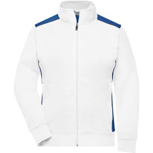 A white work sweat jacket with blue accents and a zippered front, featuring a high neck and a logo.