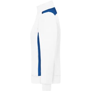 A white sweat jacket with blue accents, featuring a full zip and stand-up collar. It has a logo on the front.