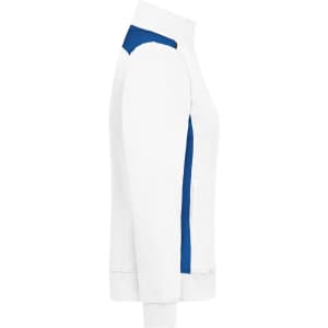 A ladies' workwear sweat jacket in white with blue accents, featuring a logo on the side.