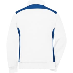 A women's workwear sweat jacket in white with blue accents, featuring a high collar and zipped front.