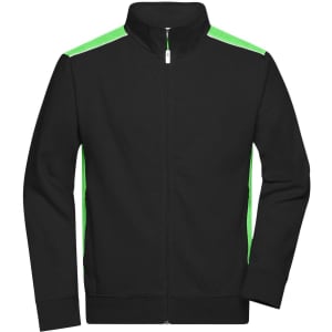A men's workwear sweat jacket in black with neon green accents, featuring a zip front and high collar.