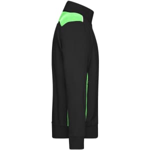A black sweat jacket with green detailing, featuring a zippered front and a logo on the chest.