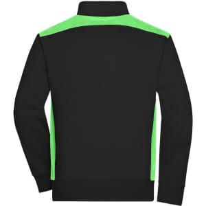 A black sweat jacket with green accents on the shoulders and back, featuring a collar and a logo.