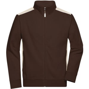 A brown sweat jacket with cream accents, featuring a zip front and a high collar. It has a branding logo on the chest.