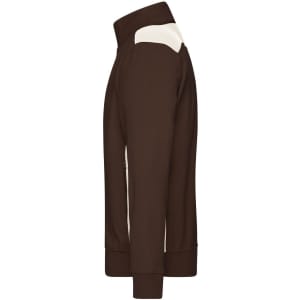 A brown men's workwear sweat jacket featuring a contrasting cream panel. The jacket has a collar and fitted cuffs.
