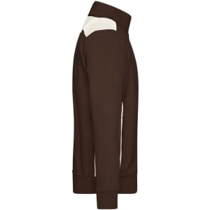 A brown men's workwear sweat jacket featuring contrasting white accents on the shoulders and a ribbed cuff design.