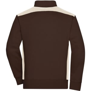 A brown sweat jacket with light beige panels on the shoulders and upper back, featuring a collar and ribbed cuffs.