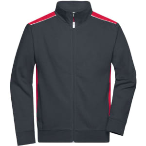 A men's workwear sweat jacket in dark grey with red accents, featuring a zip-up front and high collar.