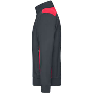 A men's workwear sweat jacket featuring a solid navy body with red accents, and a zippered front. It has a logo.