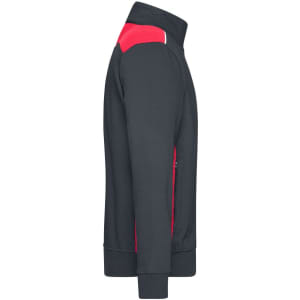 Men's workwear sweat jacket in black with red accents, featuring a high collar and zippered pockets.