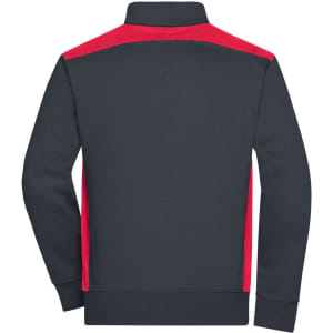 A men's workwear sweat jacket featuring a black body and red accents on the shoulders and collar. It has a logo on the back.