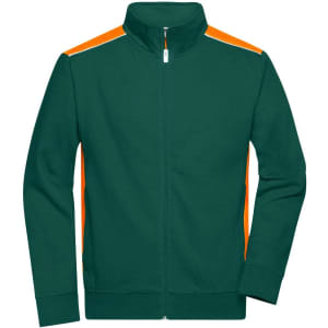 A green men's workwear sweat jacket featuring orange accents and a zip-up front. It has a logo on the chest area.