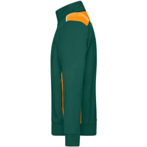 A green and orange men's workwear sweat jacket featuring a high collar and side pockets. It has a logo on the front.