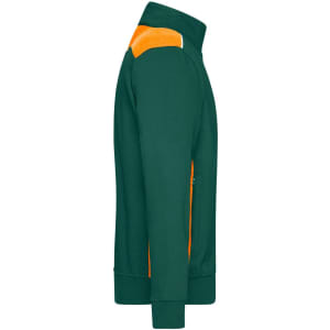 A green work jacket with orange detailing, featuring a zipped front and ribbed cuffs. It has a logo on the front.