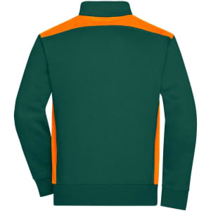 A men's workwear sweat jacket in dark green with orange accents, featuring a high collar and long sleeves.