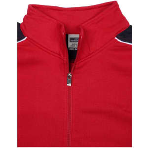A red men's workwear sweat jacket featuring a zippered front and black shoulder details. It has a logo on the label.