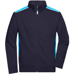 A navy work jacket featuring light blue accents, with a high collar and full-length zip, has a logo.