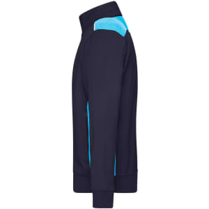 A navy blue men's workwear sweat jacket featuring light blue accents, with a zip collar and ribbed cuffs.