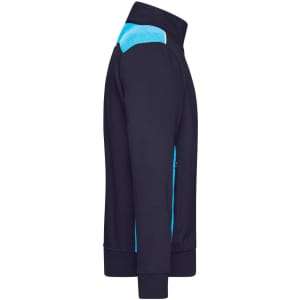 A navy workwear sweat jacket with blue accents, featuring a high collar and long sleeves. Includes a logo.